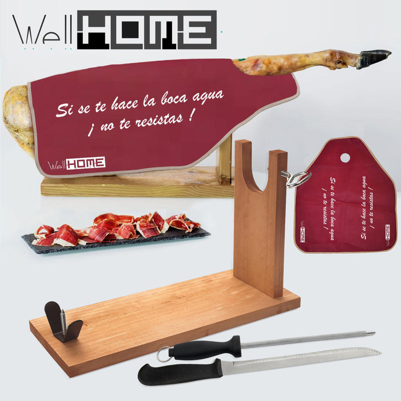 Kit de Jamonero de Madera Well Home con Cuchillo y Chaira + Funda Tiberic